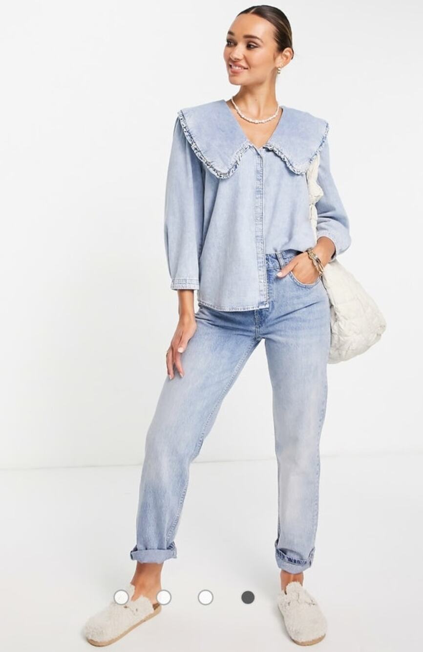 Mango MNG Denim Blue Peter Pan Collar Quarter Sleeve Snap Button Top XS Preppy